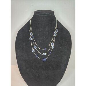 Silver Tone Multistrand Necklace with Dark Blue Navy Beads and Accents